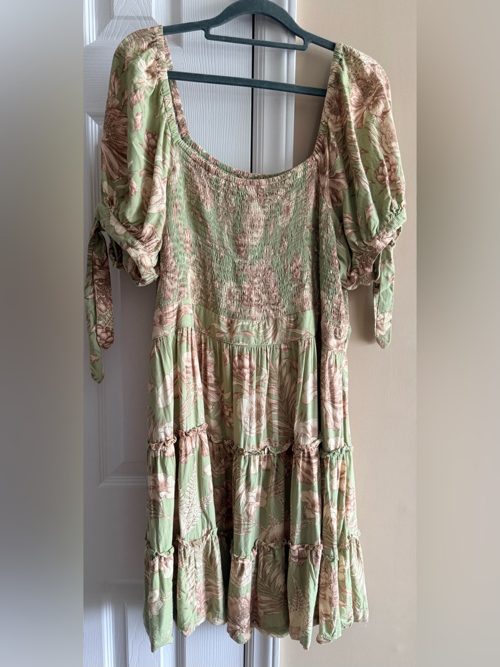 Agua Bendita Sage and Beige Smocked Dress